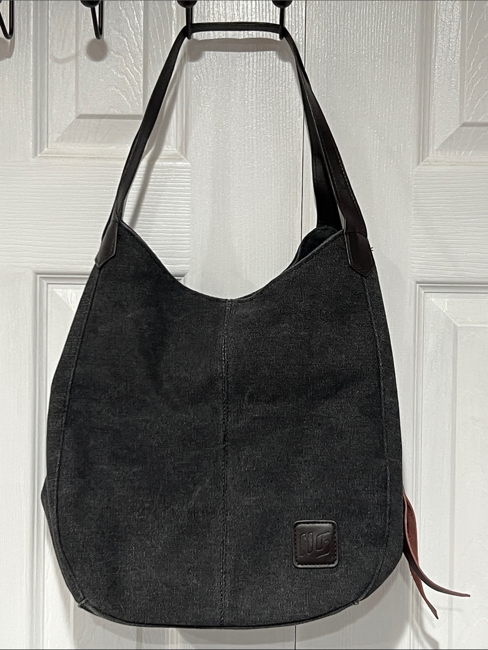 Gray Canvas Shoulder Bag with Dark Leather Straps